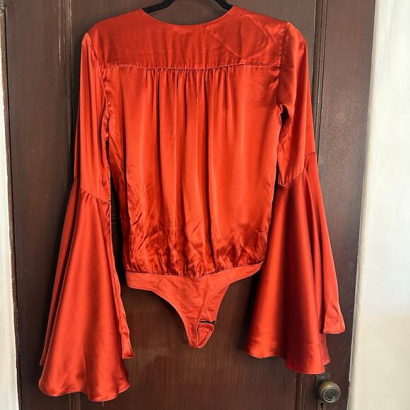 CAROLINE CONSTAS |  Charmeuse Silk Bell Sleeve Bodysuit Rust Orange Extra Small - Picture 6 of 9
